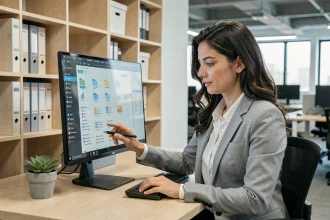 Femme professionnelle organisant ses fichiers numériques sur un ordinateur de bureau dans un bureau moderne