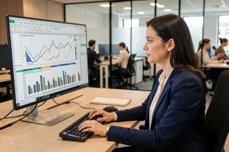 Femme professionnelle travaillant sur des graphiques dynamiques dans Excel sur un grand écran de bureau