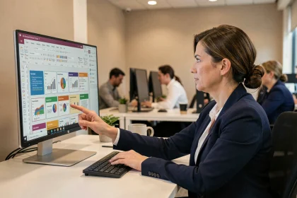 Femme professionnelle optimisant une présentation PowerPoint sur un écran widescreen dans un bureau moderne