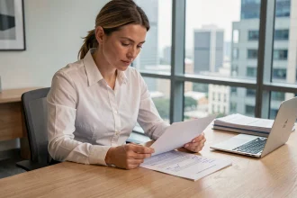 Professionnelle en bureau analysant la mise en page d'un rapport d'entreprise imprimé avec des annotations manuscrites