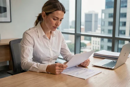 Professionnelle en bureau analysant la mise en page d'un rapport d'entreprise imprimé avec des annotations manuscrites