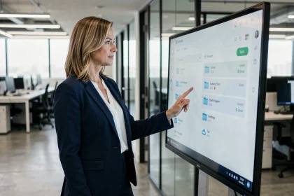 Femme professionnelle utilisant une interface de stockage cloud sur un grand écran tactile dans un bureau moderne