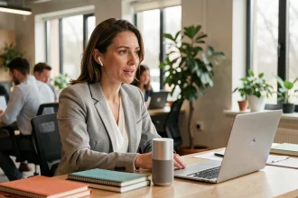 Femme d'affaires utilisant un assistant vocal intelligent dans un bureau moderne, illustrant la reconnaissance vocale par intelligence artificielle