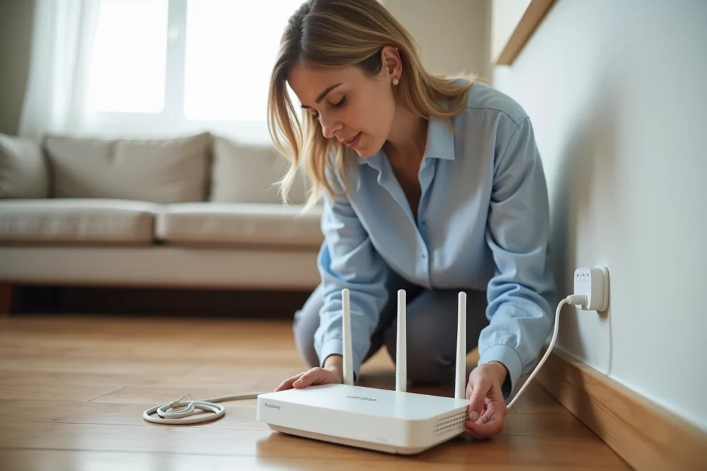 Femme inspectant un routeur internet lors du passage de l'ADSL à la fibre optique à domicile