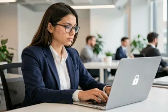 Femme professionnelle sécurisant ses données sensibles sur un ordinateur portable dans un bureau moderne