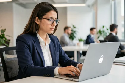 Femme professionnelle sécurisant ses données sensibles sur un ordinateur portable dans un bureau moderne