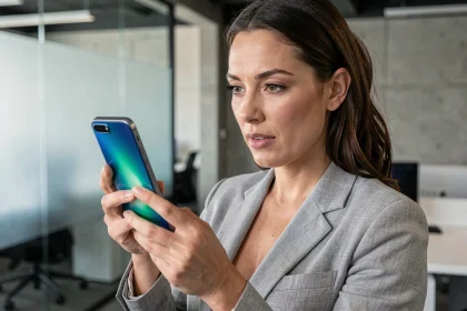 Femme tenant un smartphone avec écran OLED dans un bureau moderne, regardant l'affichage lumineux et coloré