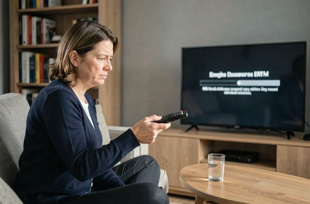 Femme tenant une télécommande Bouygues face à un message d'erreur F3411 sur l'écran TV
