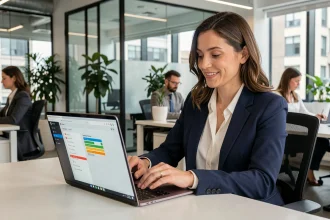 Femme professionnelle utilisant un service de transfert de fichiers en ligne dans un bureau moderne en 2026