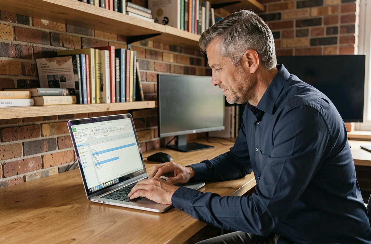 Homme configurant des contrôles de formulaire interactifs dans un tableur bureautique depuis un bureau debout à domicile