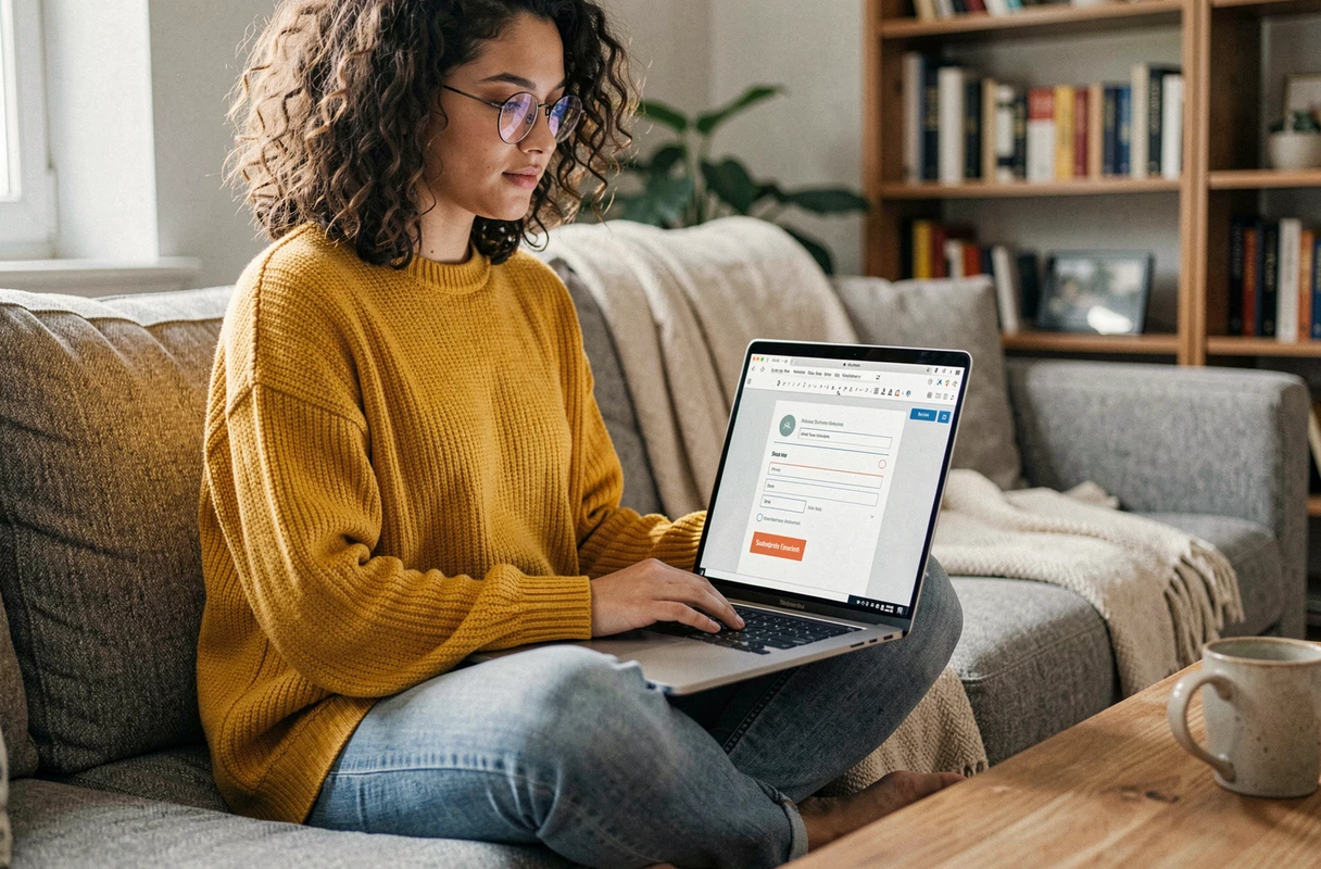 Jeune femme construisant un formulaire interactif dans un traitement de texte depuis son canapé dans un salon cosy