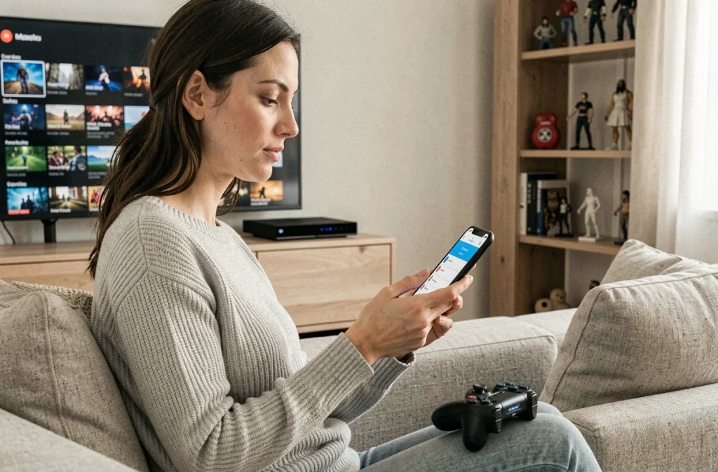 Femme gérant la résiliation de son abonnement gaming sur smartphone dans un salon moderne
