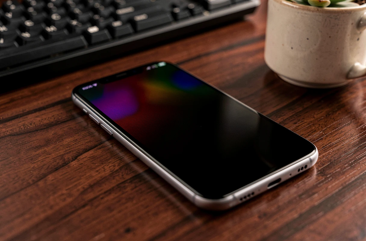 Gros plan d'un écran OLED de smartphone posé sur un bureau en noyer, affichant des couleurs vives et des noirs profonds