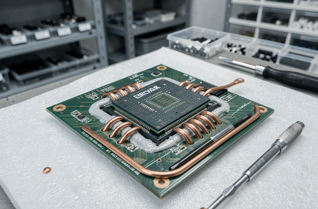 Gros plan hyper-réaliste d'un processeur de PC portable nouvelle génération installé sur une carte mère dans un atelier technique