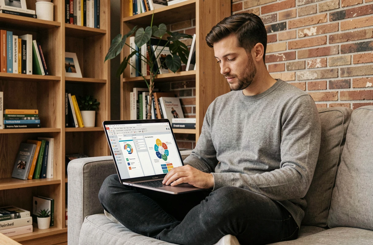 Homme travaillant sur les animations avancées PowerPoint depuis son bureau à domicile avec un laptop ouvert