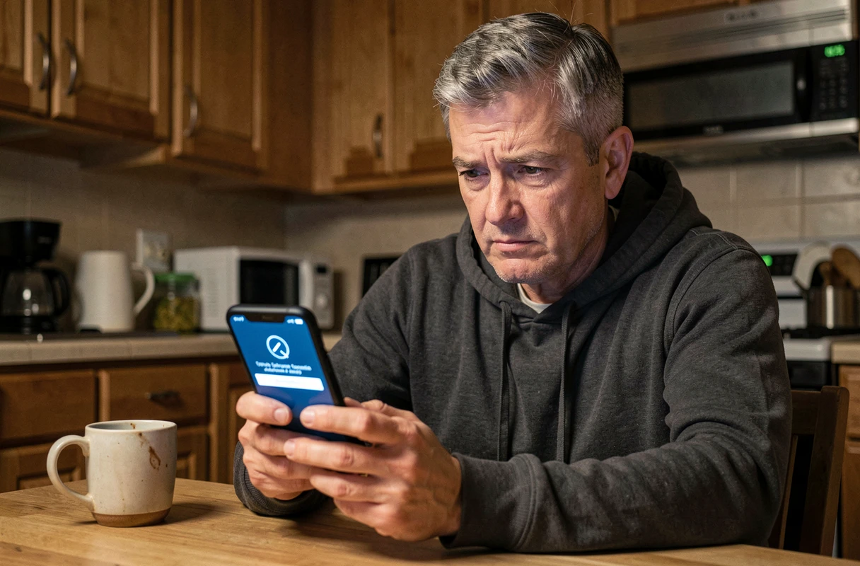 Homme à domicile vérifiant une authentification à deux facteurs sur son smartphone pour sécuriser ses mots de passe