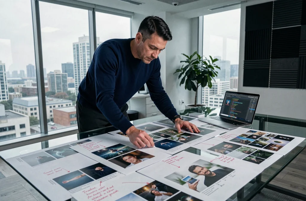 Photographe créatif comparant des images générées par IA avec des annotations de prompts dans un open space