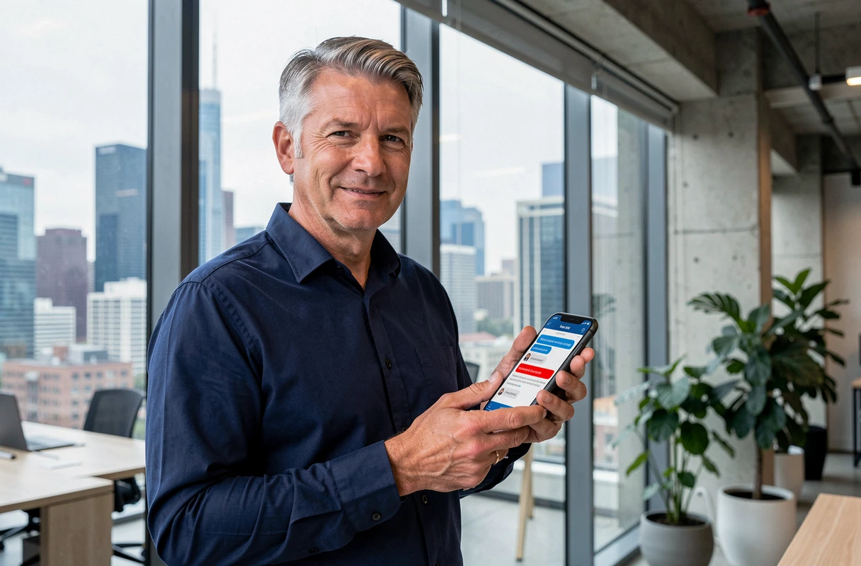 Homme debout dans un espace de coworking tenant un smartphone affichant un message professionnel frauduleux avec lien suspect