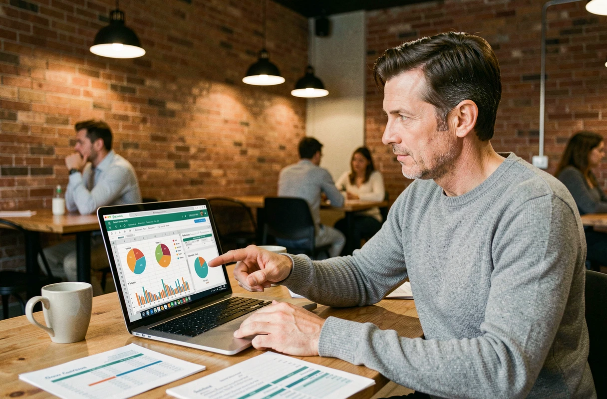 Homme en espace de coworking consultant un tableau de bord Excel avec des graphiques dynamiques sur un ordinateur portable
