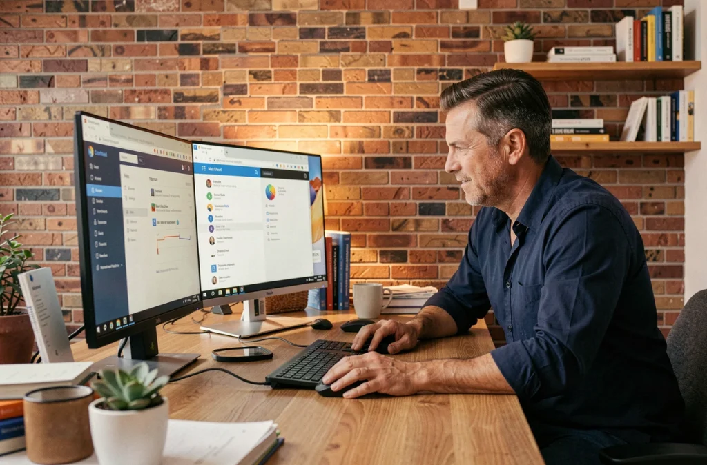 Homme comparant un webmail et un client de messagerie local sur deux écrans dans un bureau à domicile
