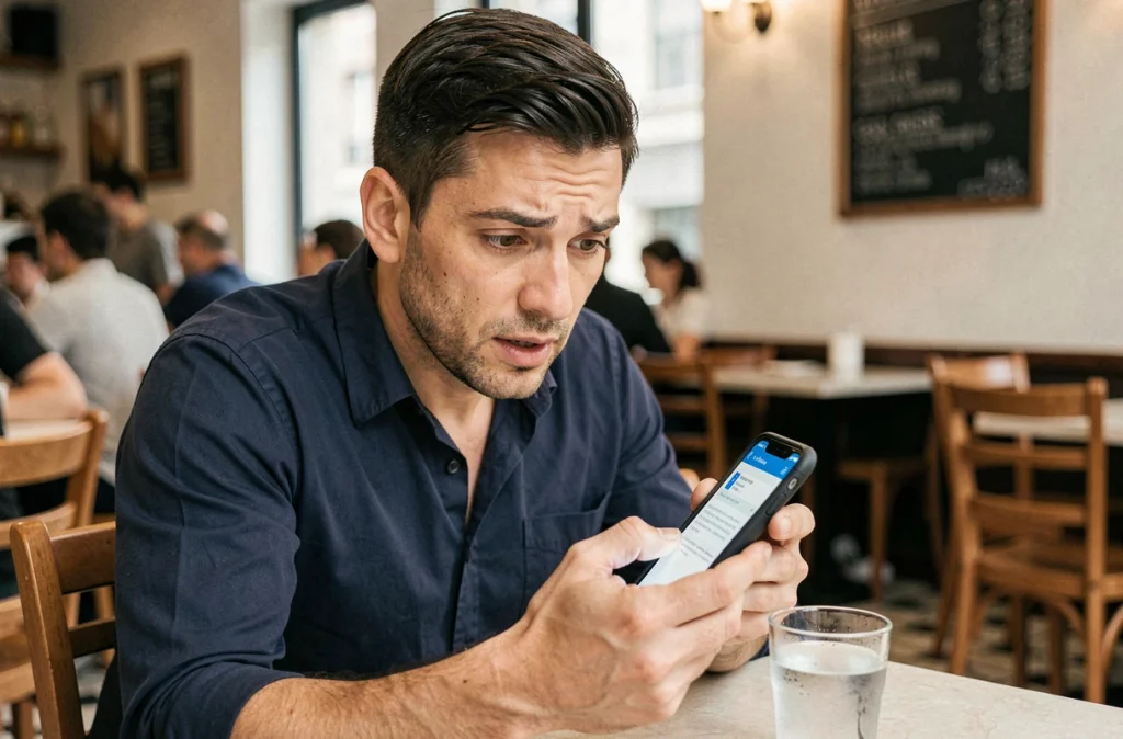 Homme consultant un service d'email temporaire sur son smartphone dans un café urbain
