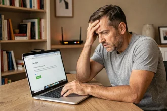 Homme frustré devant un écran d'erreur de connexion à l'interface Freebox sur un bureau en bois