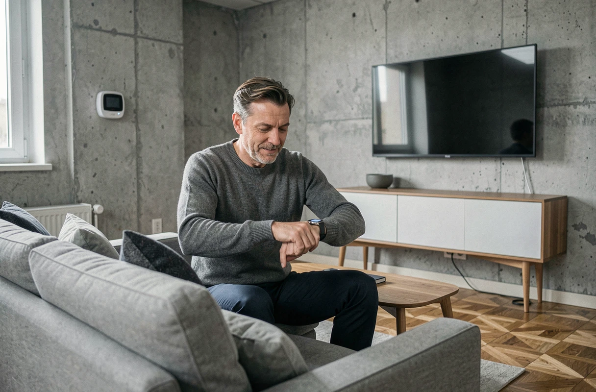 Homme consultant sa montre connectée dans un salon contemporain d'appartement français