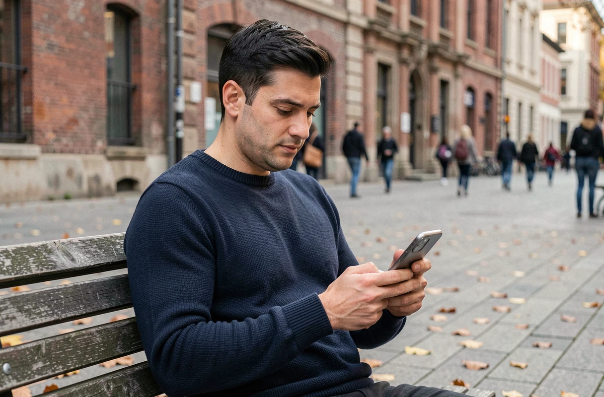 Homme assis en extérieur dans une place urbaine utilisant un smartphone à écran OLED en automne