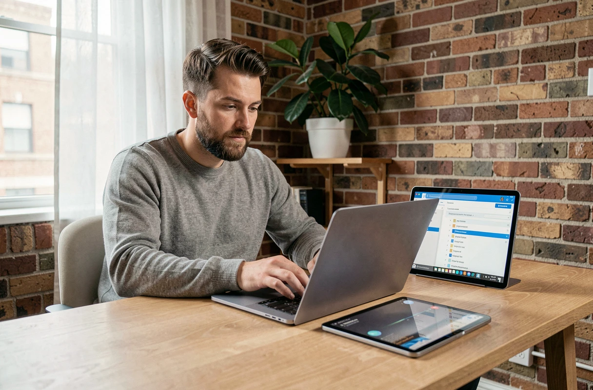 Homme en télétravail synchronisant des fichiers professionnels sur une plateforme cloud depuis son bureau à domicile