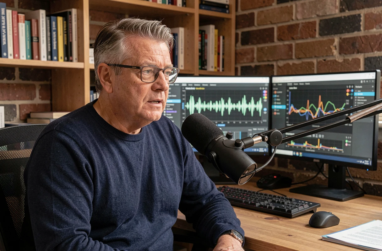 Homme utilisant un microphone professionnel avec un logiciel de transcription vocale par IA sur un double écran dans un bureau à domicile