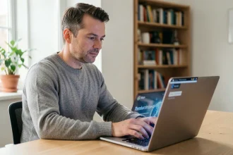 Homme vérifiant son éligibilité fibre optique SFR sur un ordinateur portable dans un bureau à domicile