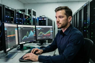 Ingénieur en cybersécurité configurant un pare-feu réseau sur plusieurs écrans dans une salle de serveurs professionnelle
