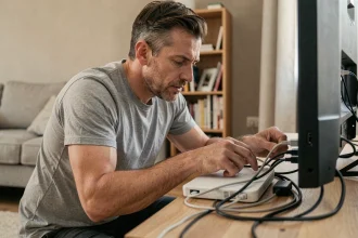 Homme inspectant les câbles derrière un routeur Bouygues pour résoudre le code erreur F3411