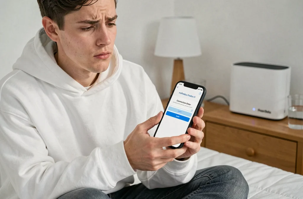 Jeune adulte consultant une erreur de connexion à mafreebox.freebox.fr sur smartphone dans une chambre