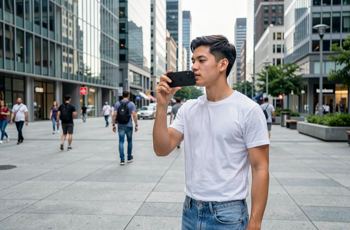 Jeune personne dictant un message vocal sur smartphone en milieu urbain, illustrant l'utilisation quotidienne de la reconnaissance vocale IA