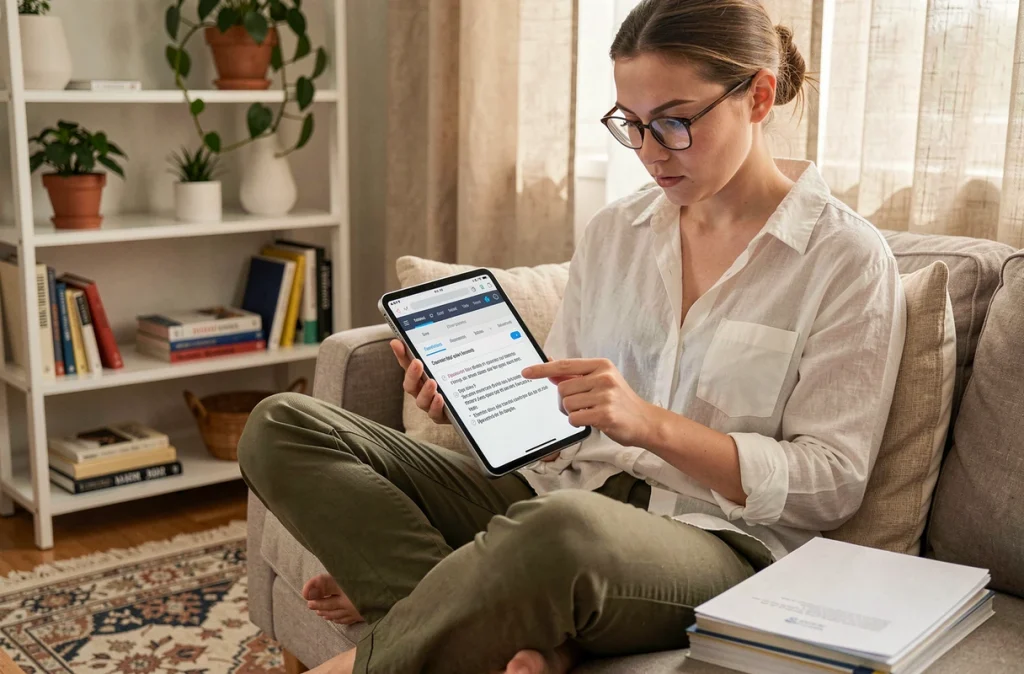 Jeune enseignante corrigeant des textes d'élèves avec l'extension LanguageTool sur une tablette dans un bureau à domicile
