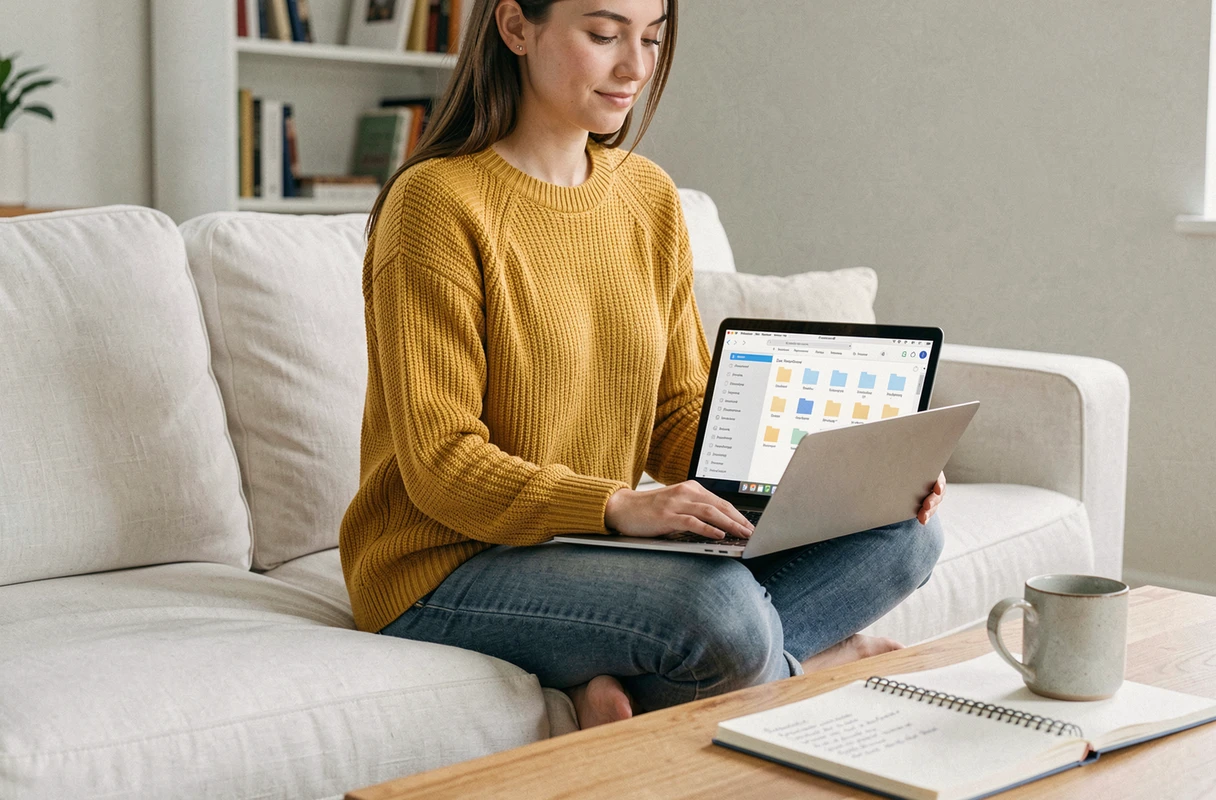 Jeune femme utilisant une application de bureautique sur un laptop pour structurer ses dossiers depuis son salon