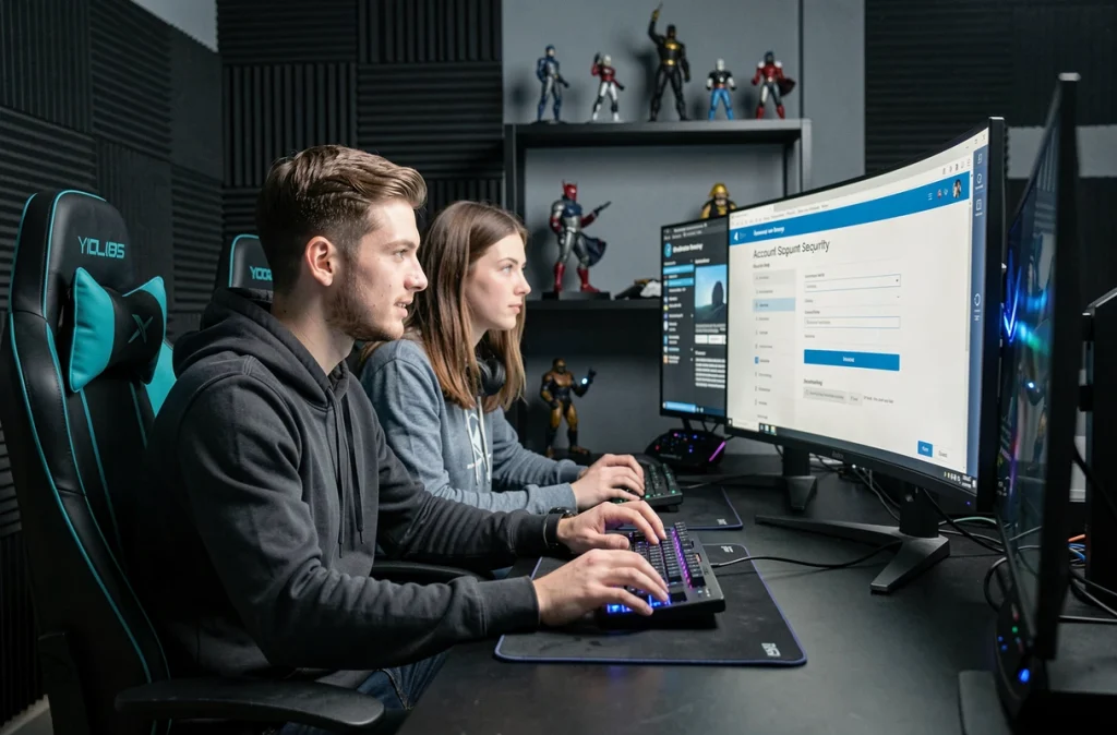 Deux joueurs consultant les paramètres de sécurité d'un compte Valorant dans un espace gaming moderne