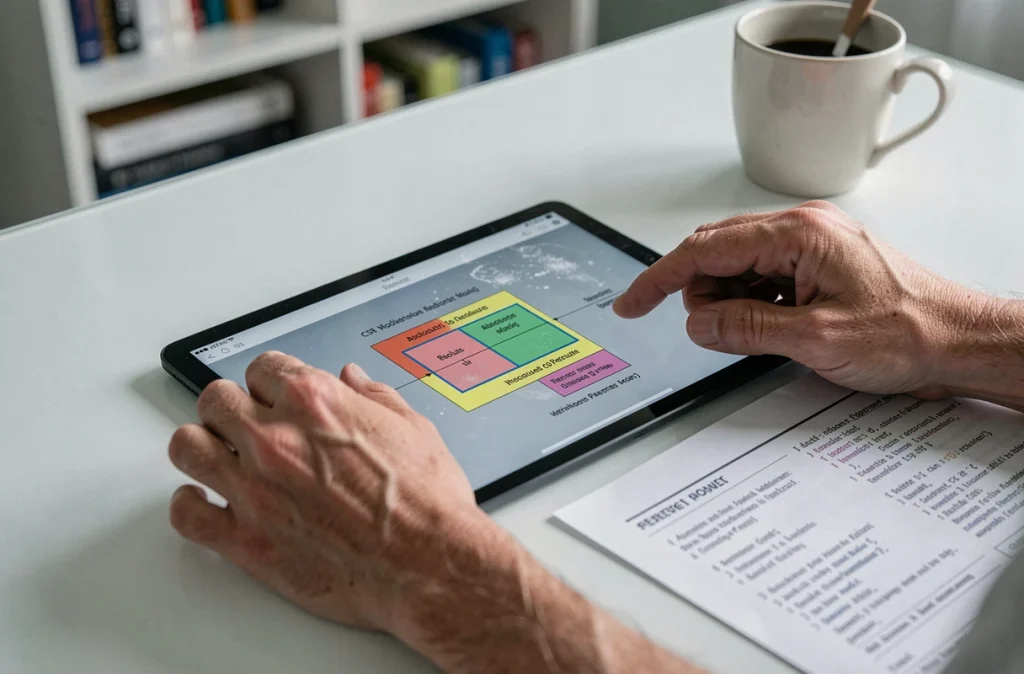 Mains de développeur manipulant un diagramme interactif de positionnement CSS absolu sur tablette avec documentation imprimée