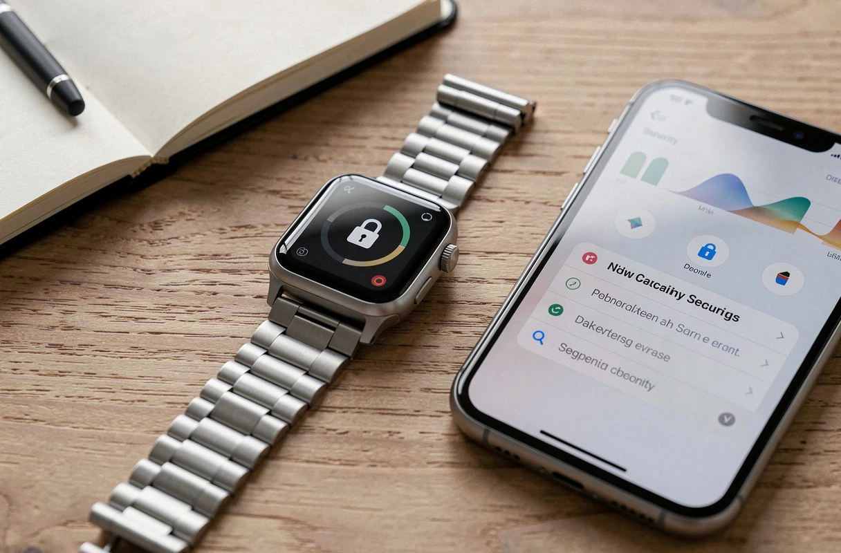 Montre connectée et smartphone affichant des paramètres de sécurité posés sur un bureau en bois, illustrant les enjeux de cybersécurité des objets connectés