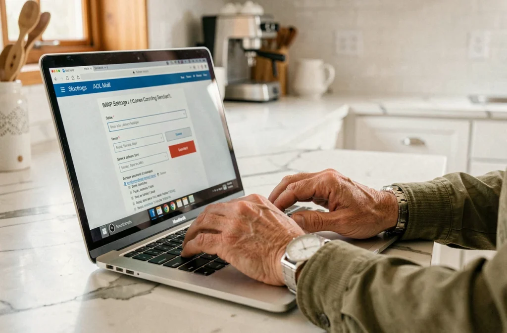Mains tapant sur un clavier pour configurer les paramètres IMAP d'un compte AOL Mail dans une cuisine moderne