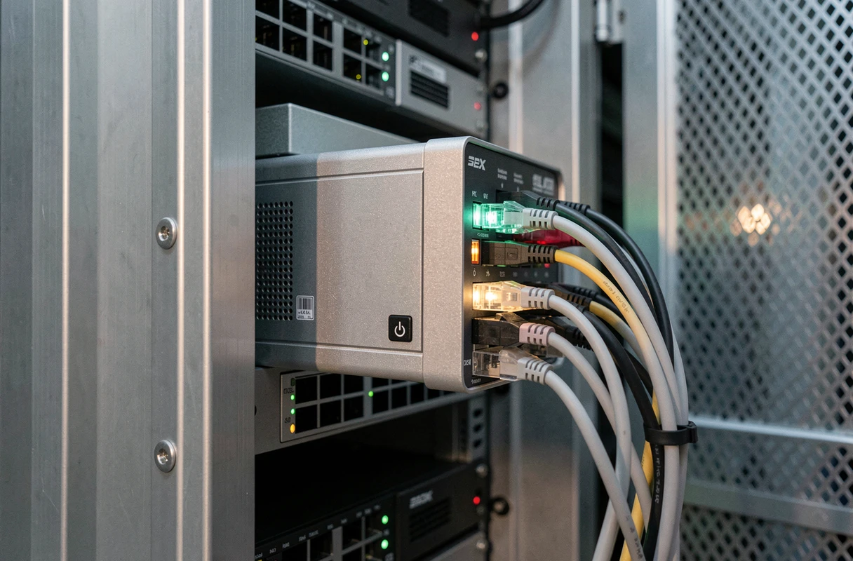 Gros plan d'un pare-feu physique installé dans un rack serveur avec câbles réseau et indicateurs LED dans une salle informatique
