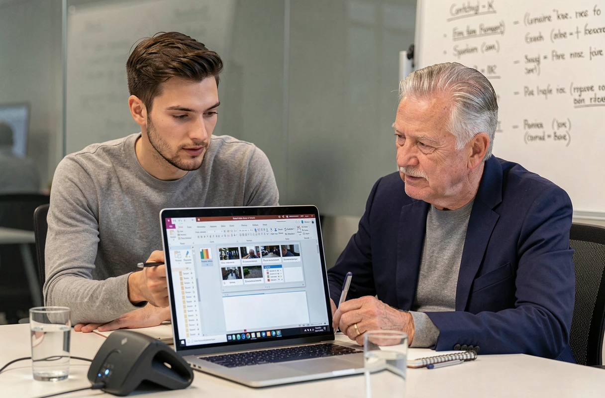Deux collègues collaborant en temps réel sur une présentation PowerPoint partagée en salle de réunion