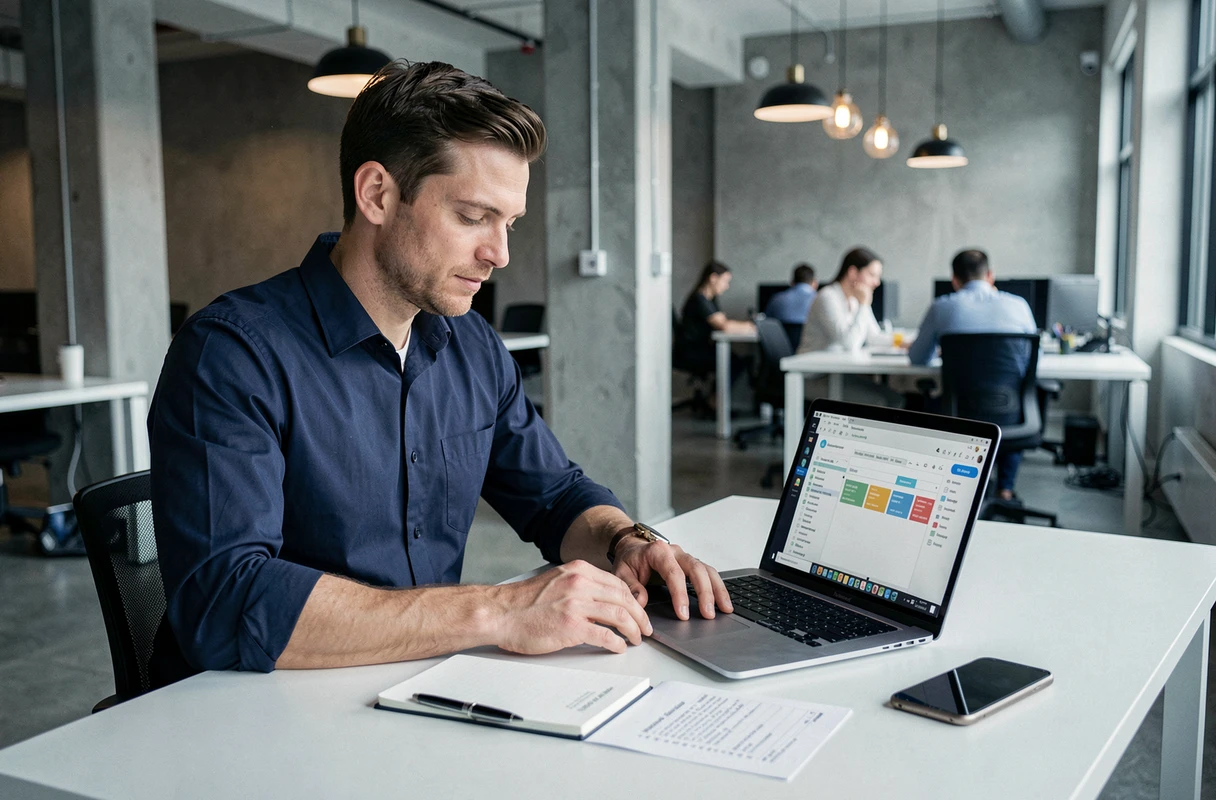 Homme consultant une politique de conservation des e-mails dans un espace de coworking avec un laptop ouvert