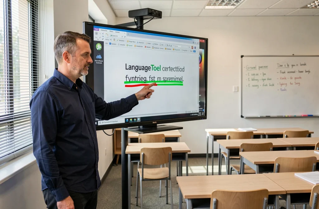 Professeur montrant des corrections grammaticales LanguageTool sur un écran de classe devant des bureaux d'élèves vides