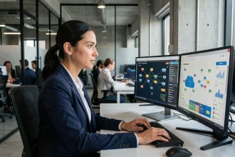 Professionnelle en cybersécurité surveillant des sauvegardes cloud sur plusieurs écrans dans un bureau moderne
