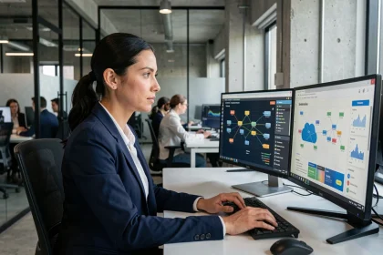Professionnelle en cybersécurité surveillant des sauvegardes cloud sur plusieurs écrans dans un bureau moderne