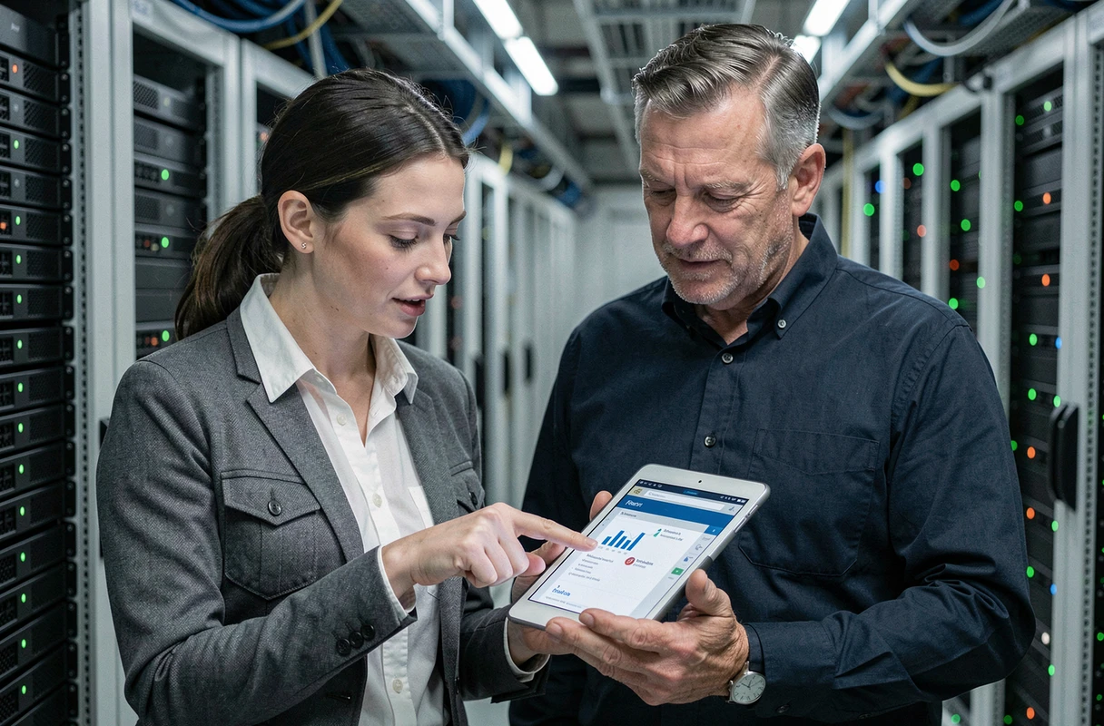 Deux professionnels informatiques consultant une interface de chiffrement de données dans une salle de serveurs