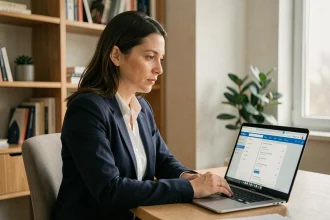 Femme travaillant sur un gestionnaire de mots de passe sur son ordinateur portable dans un bureau à domicile moderne