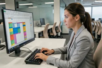 Femme utilisant des raccourcis clavier Excel dans un bureau moderne